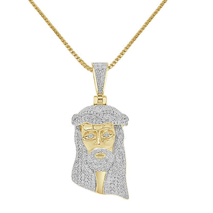 Real Genuine Authentic Diamond 1.20 Cwt. Jesus Face Piece Pendent 10K Gold Over Unisex Religious Charm Chain Set Small 1.75''