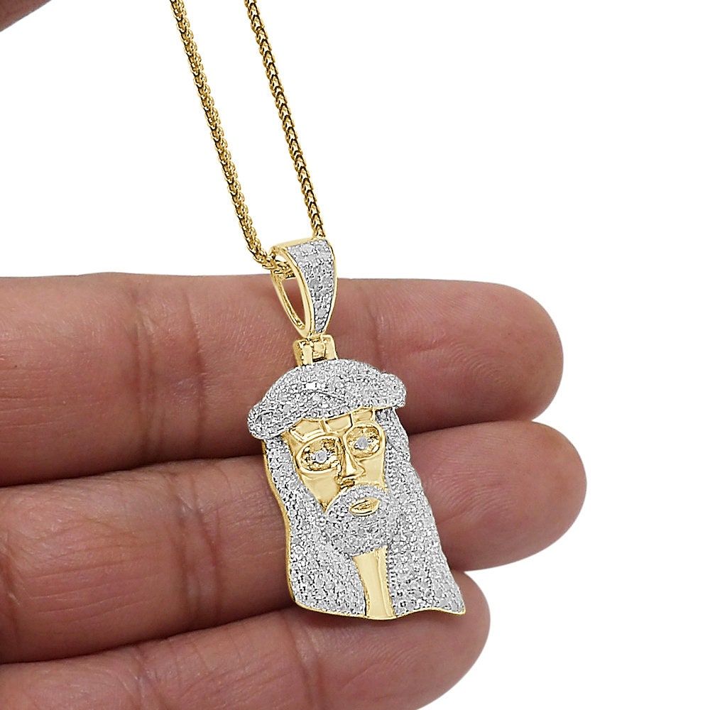 Real Genuine Authentic Diamond 1.20 Cwt. Jesus Face Piece Pendent 10K Gold Over Unisex Religious Charm Chain Set Small 1.75''