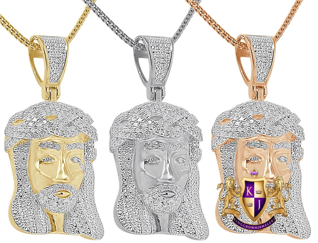 Genuine Natural Real Authentic Diamond 0.85 Cwt. Jesus Face Piece Pendent 10K Gold Over Unisex Religious Charm Chain Set Small 1.75''