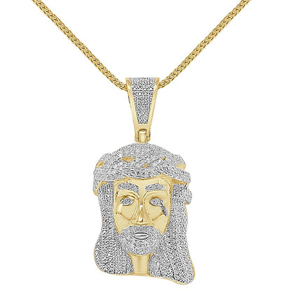 Genuine Natural Real Authentic Diamond 0.85 Cwt. Jesus Face Piece Pendent 10K Gold Over Unisex Religious Charm Chain Set Small 1.75''