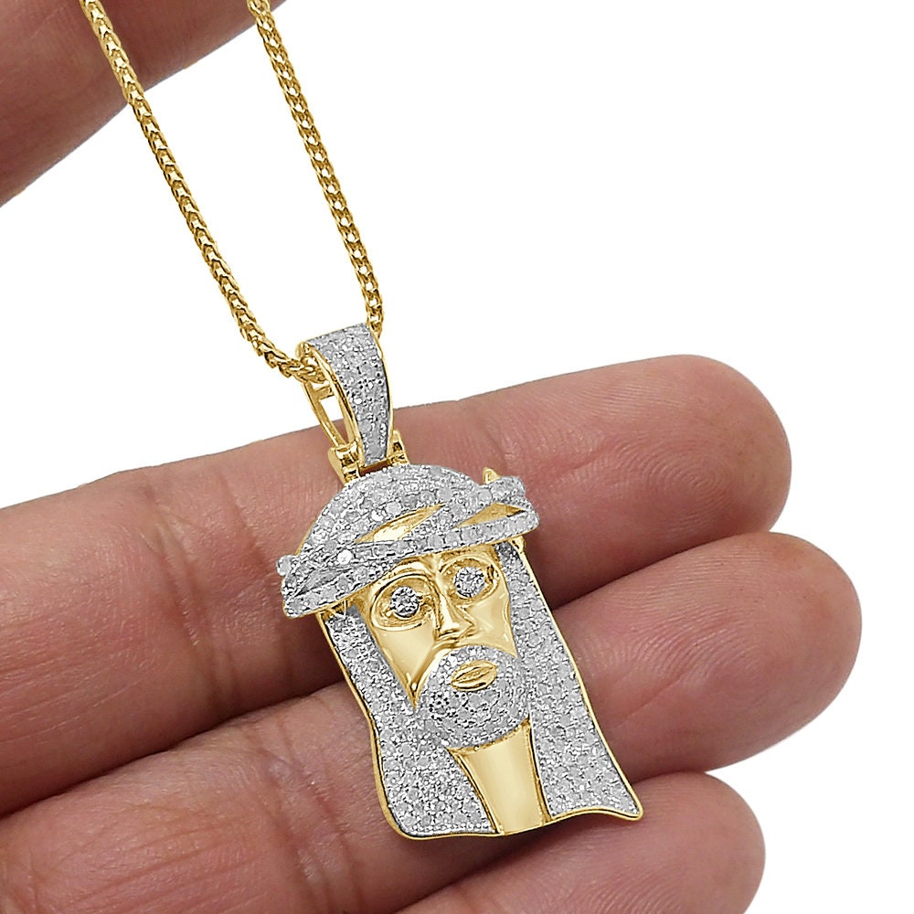 Real Genuine Authentic Diamond 1.00 Cwt. Jesus Face Piece Pendent 10K Gold Over Unisex Religious Charm Chain Set Small 1.65''