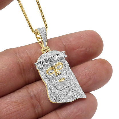 Unisex Real Authentic Genuine Diamond 1.20 Cwt. Jesus Face Piece Pendent 10K Gold Over Religious Charm Chain Set Small 1.75''