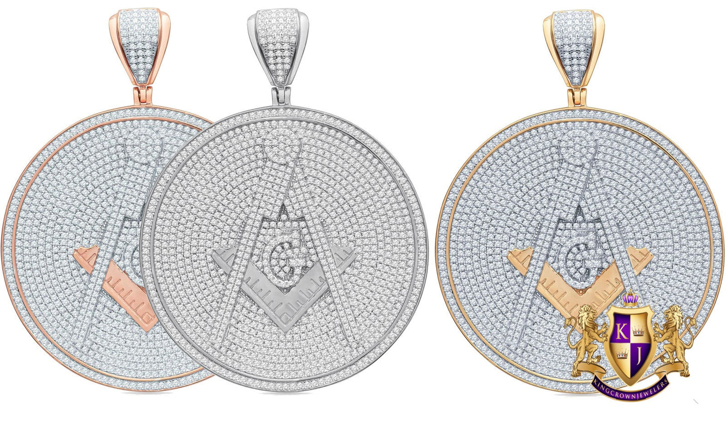 Real Genuine Sterling Silver 37+ Grams 8 Ctw. Simulated Diamond 14K Gold Over Freemason Masonic G Compass Medallion Pendant Charm Big 2.75''