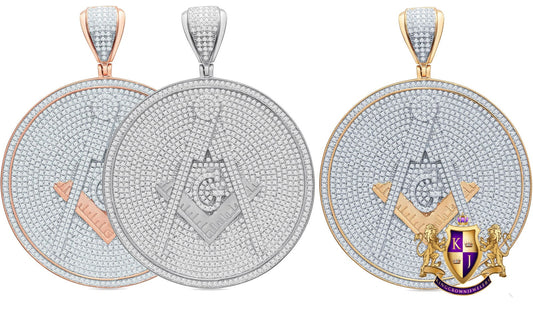 Real Genuine Sterling Silver 37+ Grams 8 Ctw. Simulated Diamond 14K Gold Over Freemason Masonic G Compass Medallion Pendant Charm Big 2.75''
