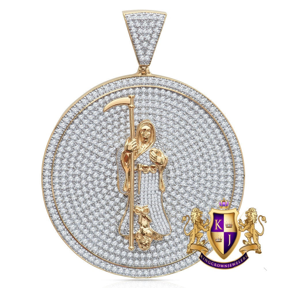 40+ Grams Real Sterling Silver Big 3'' 14K Gold Over Santa Muerte Grim Reaper Angel Of Death Medallion Simulated Diamond Men's Pendant Charm