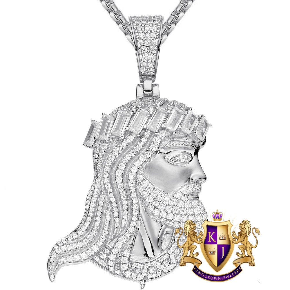 33+ Grams Genuine Italian Sterling Silver High Quality Baguette/Round Cut Simulated Diamonds Jesus Christ Face Piece Charm Pendent 2.55''
