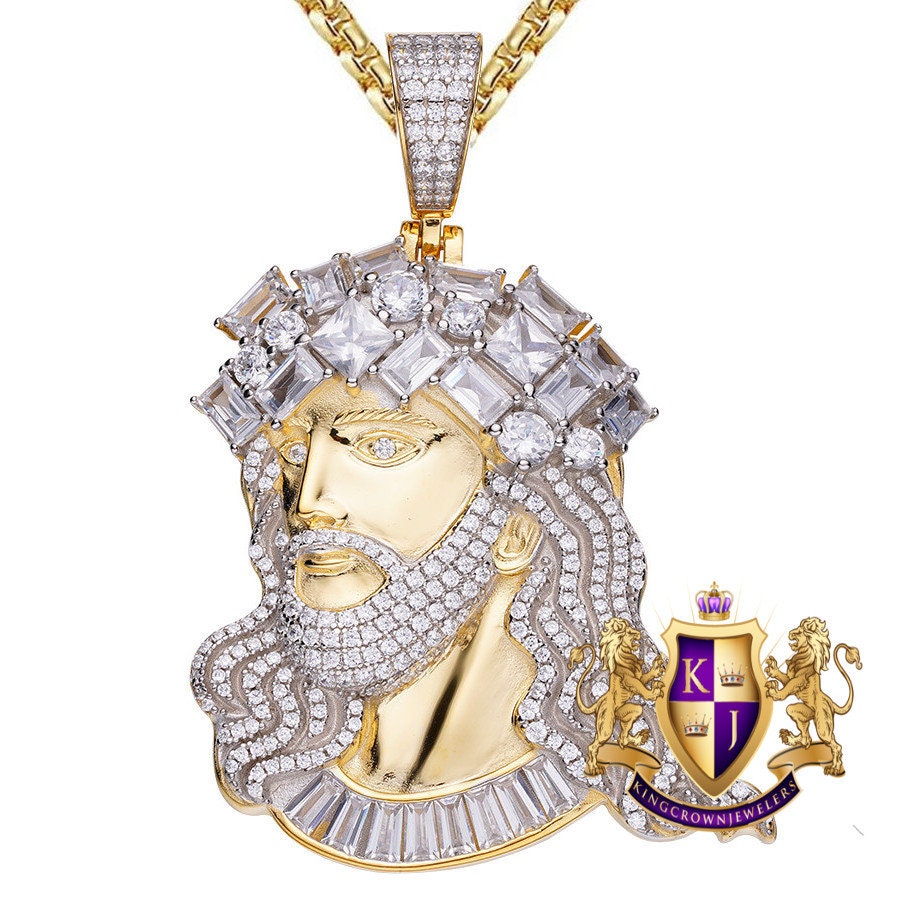 2.5'' Genuine Italian Sterling Silver High Quality Baguette/Round Cut Simulated Diamonds Jesus Christ Face Piece Charm Pendent 33+ Grams