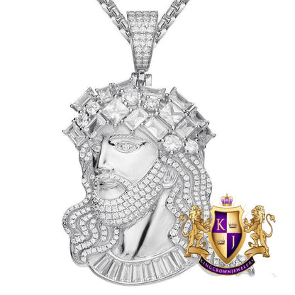2.5'' Genuine Italian Sterling Silver High Quality Baguette/Round Cut Simulated Diamonds Jesus Christ Face Piece Charm Pendent 33+ Grams