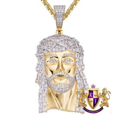 Real Genuine Sterling Silver High Quality Baguette/Round Cut Simulated Diamonds Jesus Christ Face Piece Charm Pendent 31+ Grams 2.5''