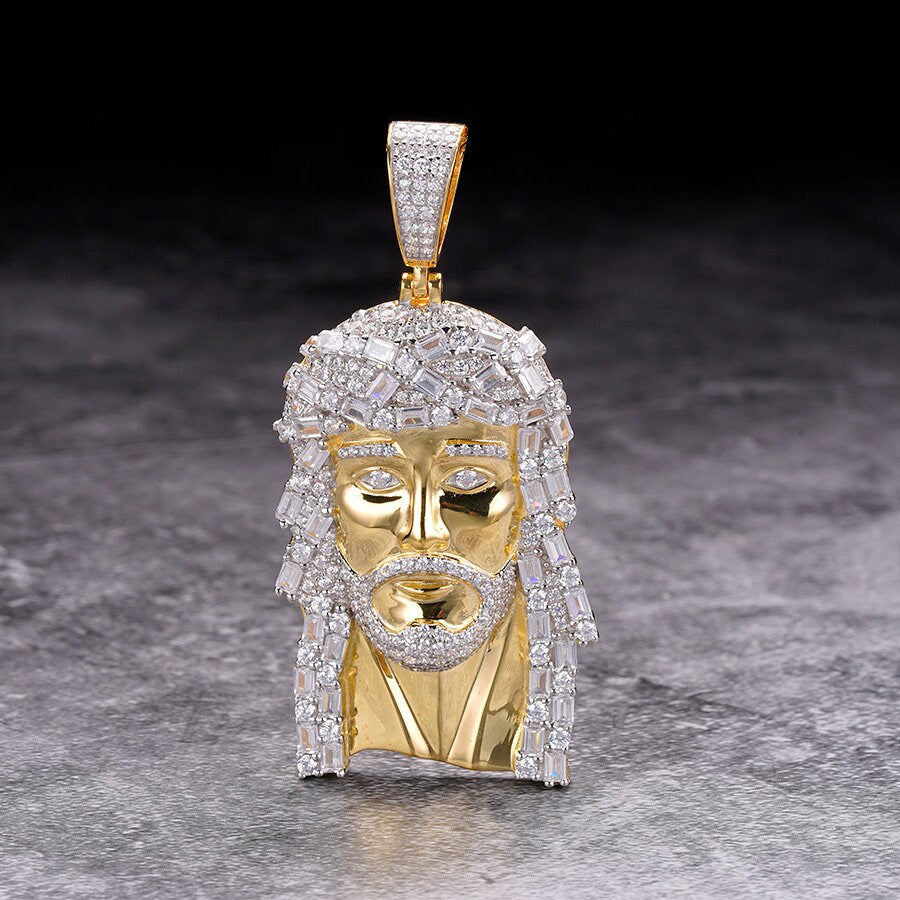 Real Genuine Sterling Silver High Quality Baguette/Round Cut Simulated Diamonds Jesus Christ Face Piece Charm Pendent 31+ Grams 2.5''