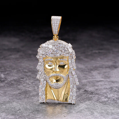 Real Genuine Sterling Silver High Quality Baguette/Round Cut Simulated Diamonds Jesus Christ Face Piece Charm Pendent 31+ Grams 2.5''