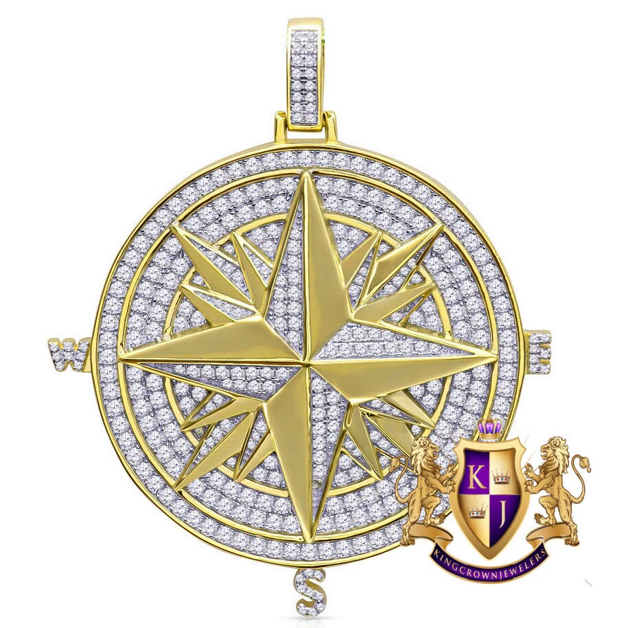 54+ Grams Real Gold Sterling Silver Big 3'' Custom Piece Accent Beaded Nautical Compass Medallion Pendant 4.00 Cwt. Simulated Diamonds Charm