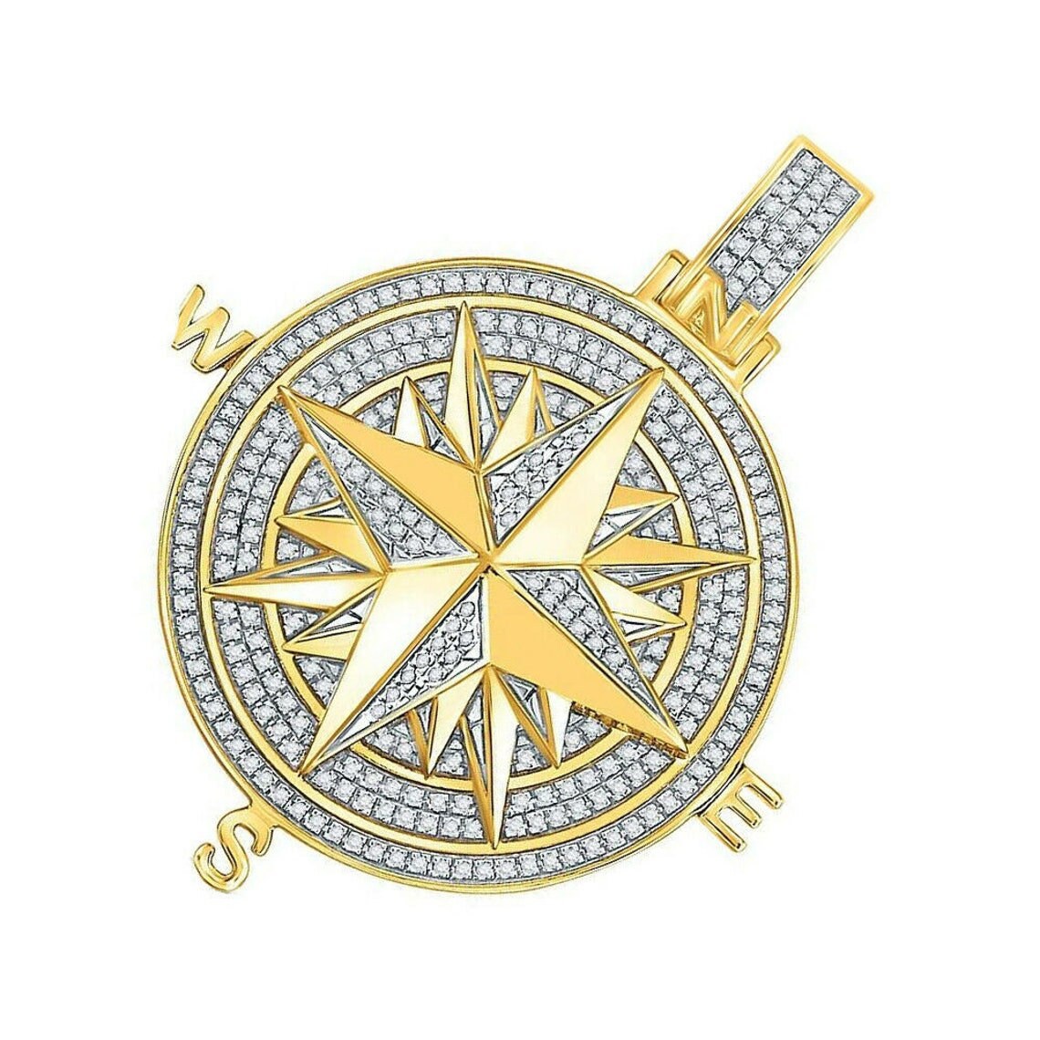 54+ Grams Real Gold Sterling Silver Big 3'' Custom Piece Accent Beaded Nautical Compass Medallion Pendant 4.00 Cwt. Simulated Diamonds Charm