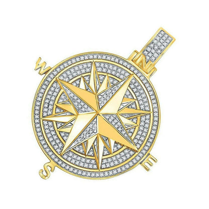 54+ Grams Real Gold Sterling Silver Big 3'' Custom Piece Accent Beaded Nautical Compass Medallion Pendant 4.00 Cwt. Simulated Diamonds Charm