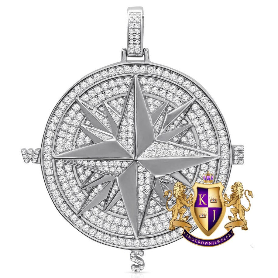 54+ Grams Real Gold Sterling Silver Big 3'' Custom Piece Accent Beaded Nautical Compass Medallion Pendant 4.00 Cwt. Simulated Diamonds Charm