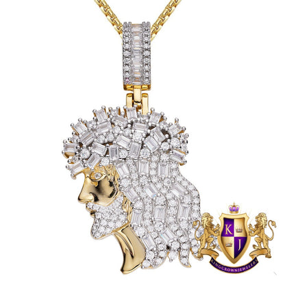 Small 1.60'' Real Sterling Silver High Quality Baguette/Round Cut Simulated Diamonds Jesus Christ Face Piece Charm Pendent