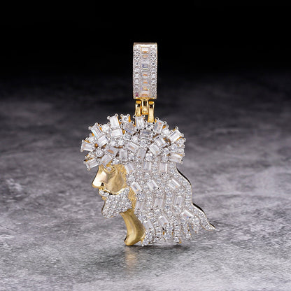 Small 1.60'' Real Sterling Silver High Quality Baguette/Round Cut Simulated Diamonds Jesus Christ Face Piece Charm Pendent