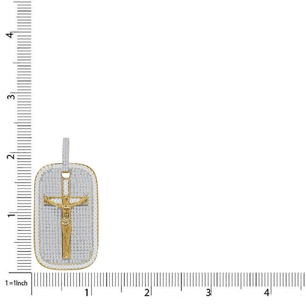 28+ Grams Real Sterling Silver Jesus Crucifix Cross Dog Tag Frame Pendant 14K Gold Over Baguette/Round Cut Simulated Diamond Charm 2.10''