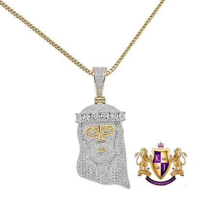 Unisex Real Authentic Genuine Diamond 1.20 Cwt. Jesus Face Piece Pendent 10K Gold Over Religious Charm Chain Set Small 1.75''