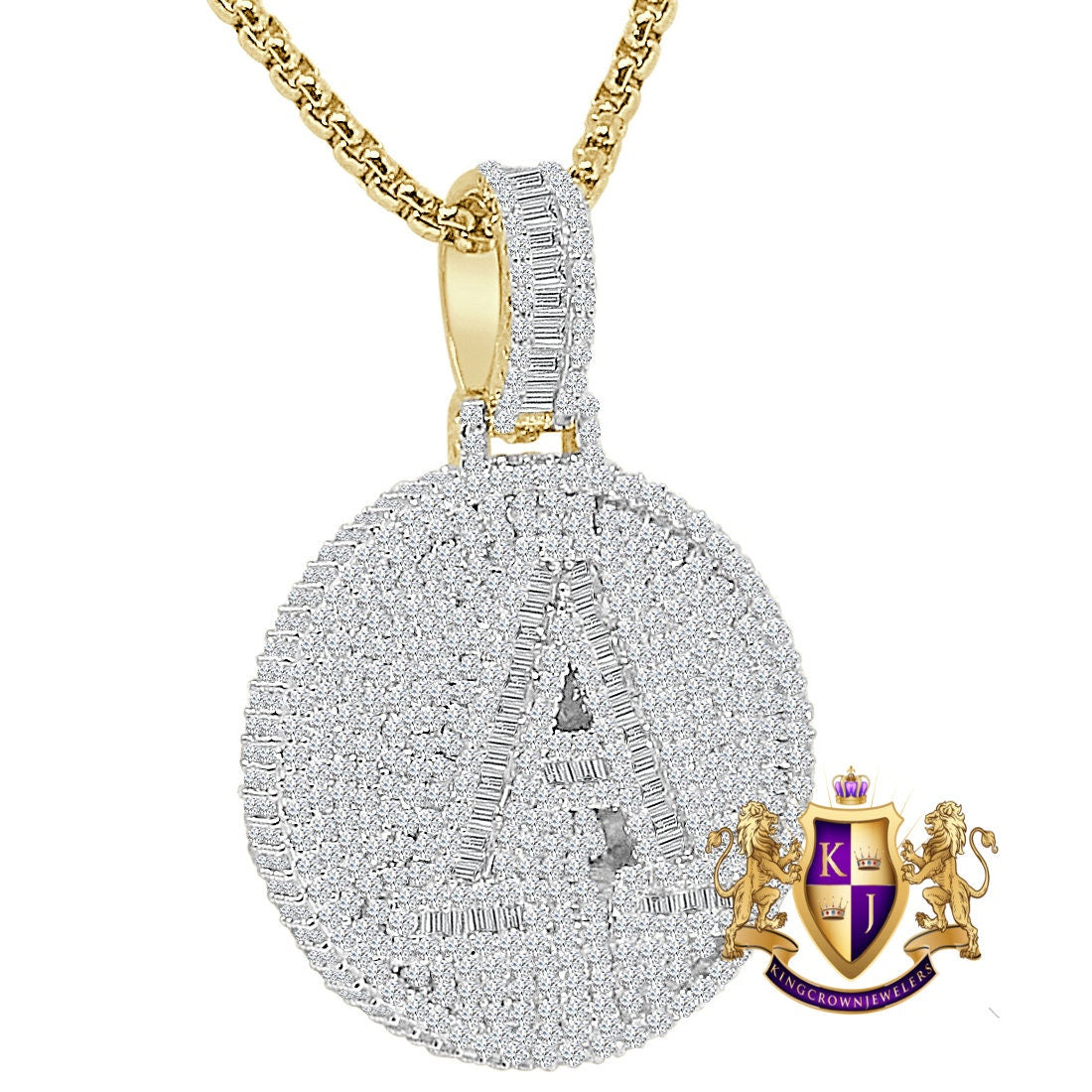 Baguette 3D 14K Yellow Gold Over 2.00 Cwt. Simulated Diamond Initial Letter Alphabet Round Bezel Charm Custom Pendent Chain Set Small 1.65''