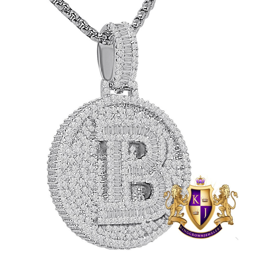 Baguette 3D 14K White Gold Over 2.00 Cwt. Simulated Diamond Initial Letter Alphabet Round Bezel Charm Custom Pendent Chain Set Small 1.65''