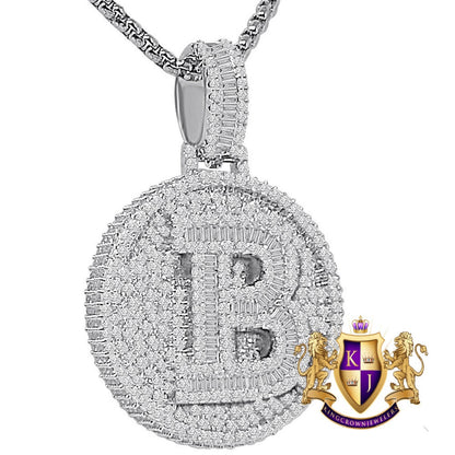 Baguette 3D 14K White Gold Over 2.00 Cwt. Simulated Diamond Initial Letter Alphabet Round Bezel Charm Custom Pendent Chain Set Small 1.65''