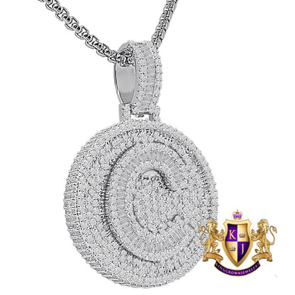 Baguette 3D 14K White Gold Over 2.00 Cwt. Simulated Diamond Initial Letter Alphabet Round Bezel Charm Custom Pendent Chain Set Small 1.65''