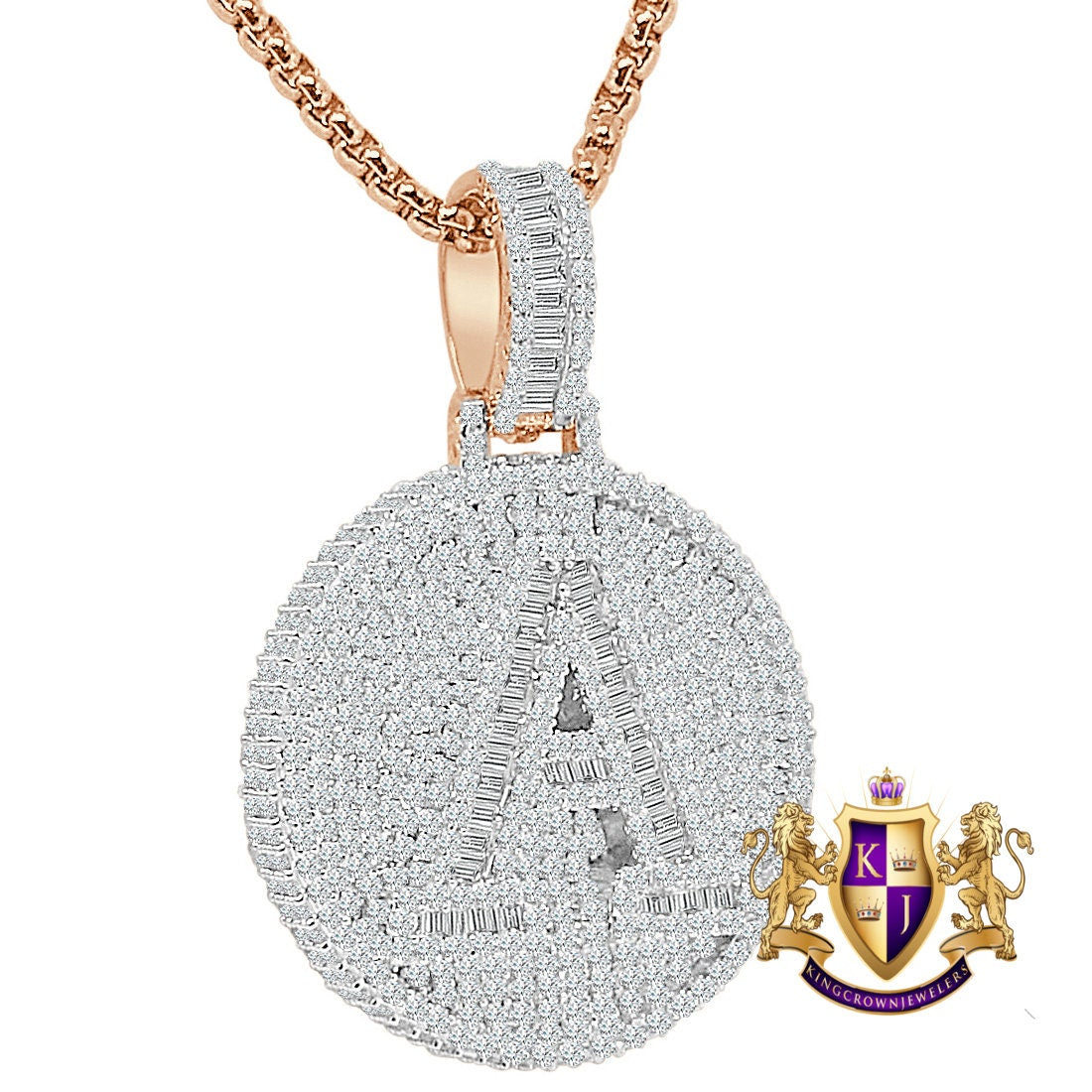 Baguette 3D 14K Rose Gold Over 2.00 Cwt. Simulated Diamond Initial Letter Alphabet Round Bezel Charm Custom Pendent Chain Set Small 1.65''