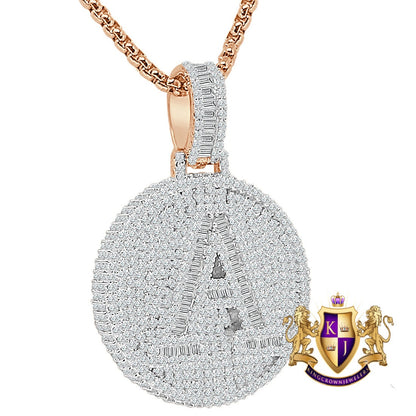 Baguette 3D 14K Rose Gold Over 2.00 Cwt. Simulated Diamond Initial Letter Alphabet Round Bezel Charm Custom Pendent Chain Set Small 1.65''