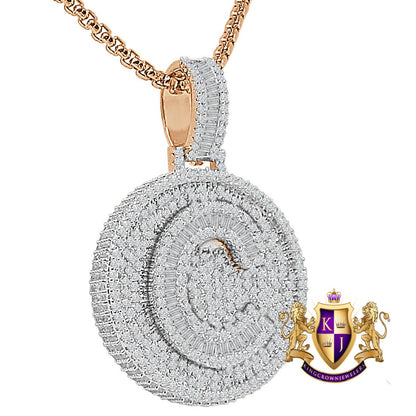 Baguette 3D 14K Rose Gold Over 2.00 Cwt. Simulated Diamond Initial Letter Alphabet Round Bezel Charm Custom Pendent Chain Set Small 1.65''