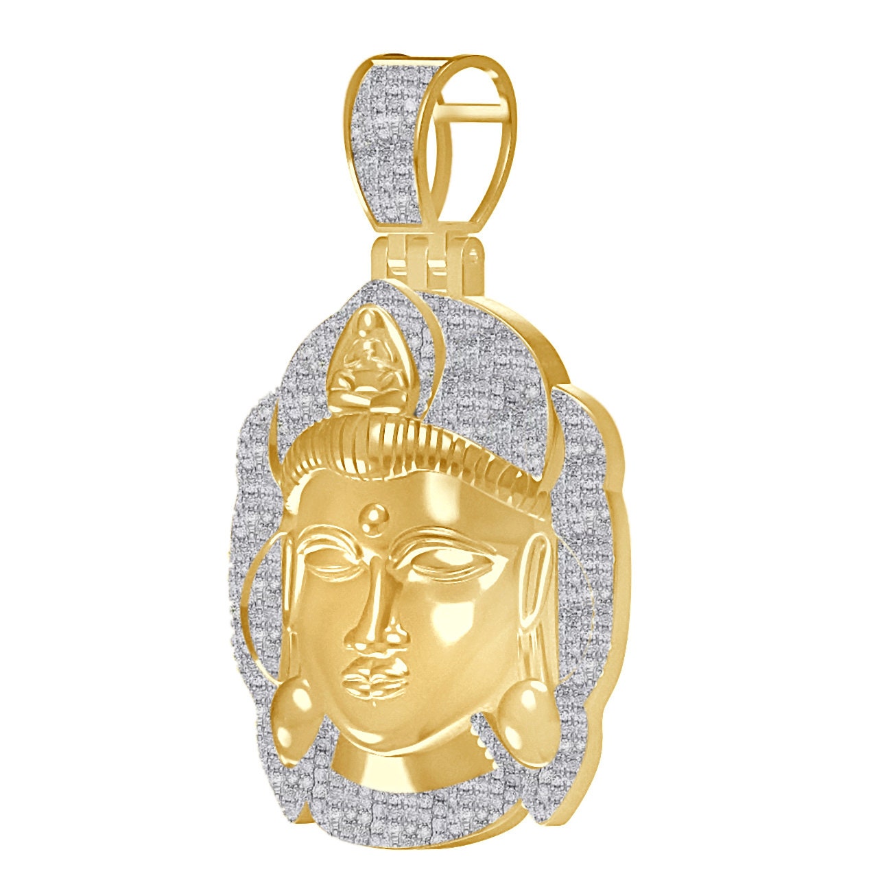 100% Real Genuine Diamond 0.60 Ct. 30+ Grams Siddhartha Lord Meditating Gautama Buddha Head 10K Gold Over Pendent Unisex Charm Chain Set 2''