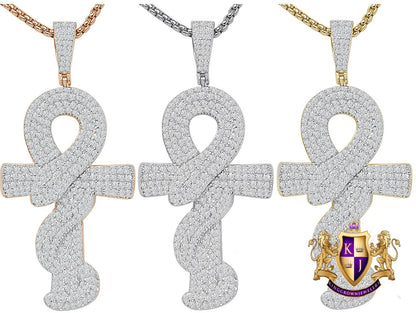 23+ Grams Real Genuine Sterling Silver Egyptian Ankh Cross Cobra Snake Evil Power Charm 14K Gold Over Simulated Diamond Men's Pendent 2.25''