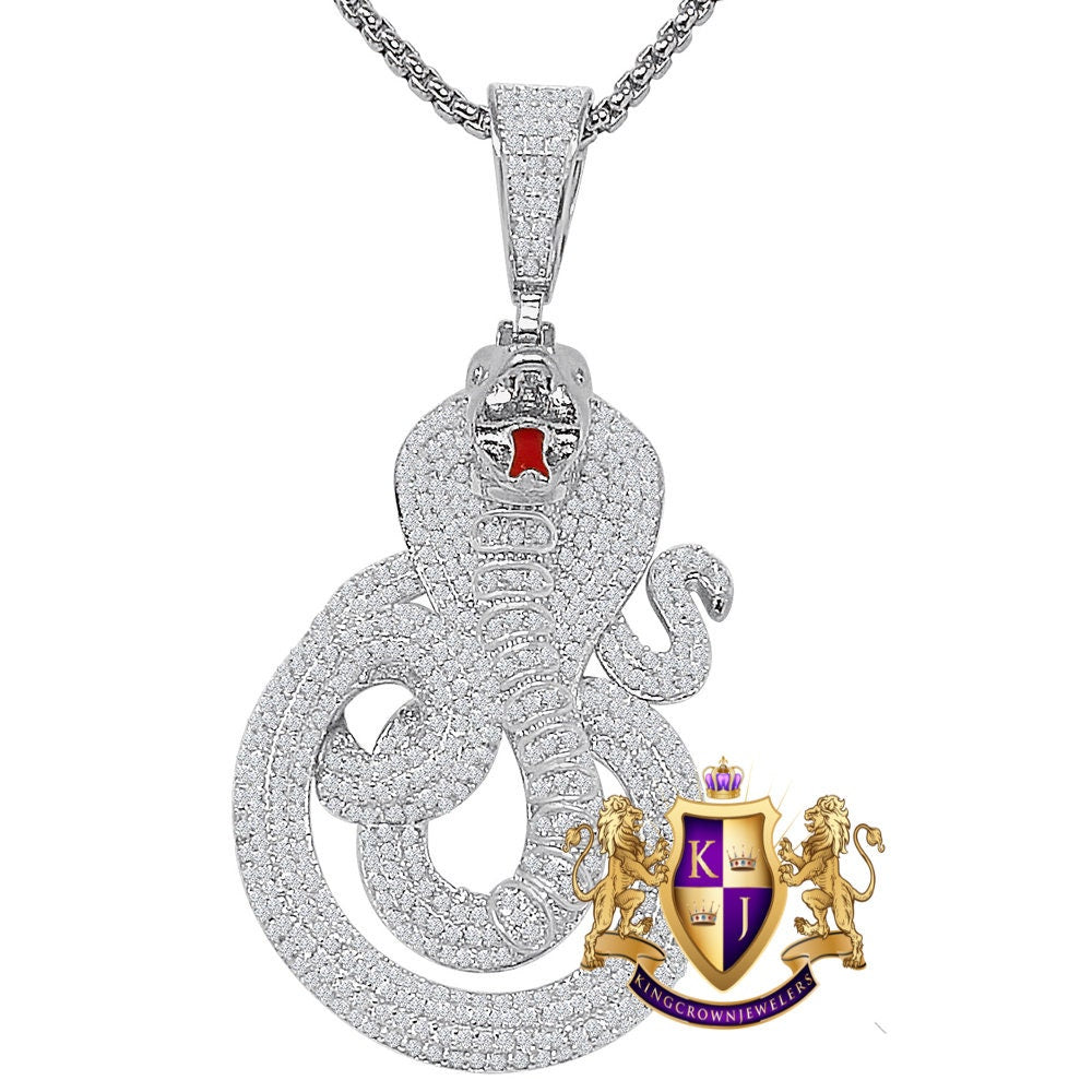 28+ Grams Real Genuine Sterling Silver Cobra Snake Evil Power Charm 14K Gold Over Simulated Diamond Mens Custom Pendent 2.35''