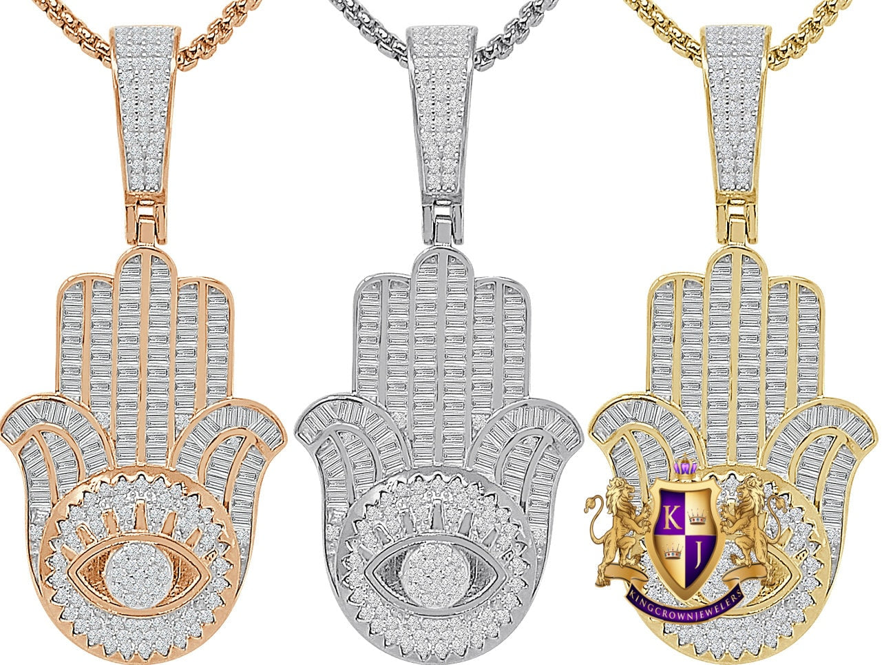 Baguette 20+ Grams Real Genuine Sterling Silver Hamsa Hand Evil Eye Unisex Charm 14K Gold Over Simulated Diamond Religious Pendent 2.25''