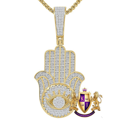 Baguette 20+ Grams Real Genuine Sterling Silver Hamsa Hand Evil Eye Unisex Charm 14K Gold Over Simulated Diamond Religious Pendent 2.25''