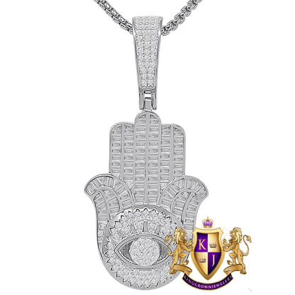Baguette 20+ Grams Real Genuine Sterling Silver Hamsa Hand Evil Eye Unisex Charm 14K Gold Over Simulated Diamond Religious Pendent 2.25''