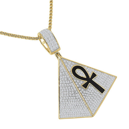 25+ Grams Real Genuine Italian Sterling Silver Ancient Egyptian Ankh Cross Pyramid Mens Charm 14K Gold Over Simulated Diamond Pendent 2.25''