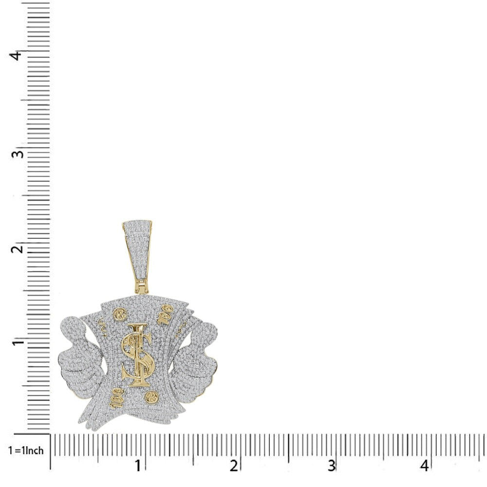 Real Genuine Sterling Silver 30+ Grams Custom Piece Cash Money 100 Dollar Bills Stack Thumbs Up Charm 14K Gold On Simulated Diamond Pendent