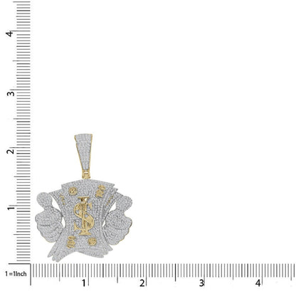 Real Genuine Sterling Silver 30+ Grams Custom Piece Cash Money 100 Dollar Bills Stack Thumbs Up Charm 14K Gold On Simulated Diamond Pendent