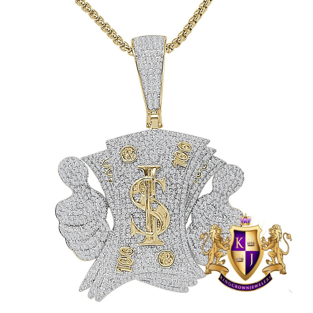 Real Genuine Sterling Silver 30+ Grams Custom Piece Cash Money 100 Dollar Bills Stack Thumbs Up Charm 14K Gold On Simulated Diamond Pendent