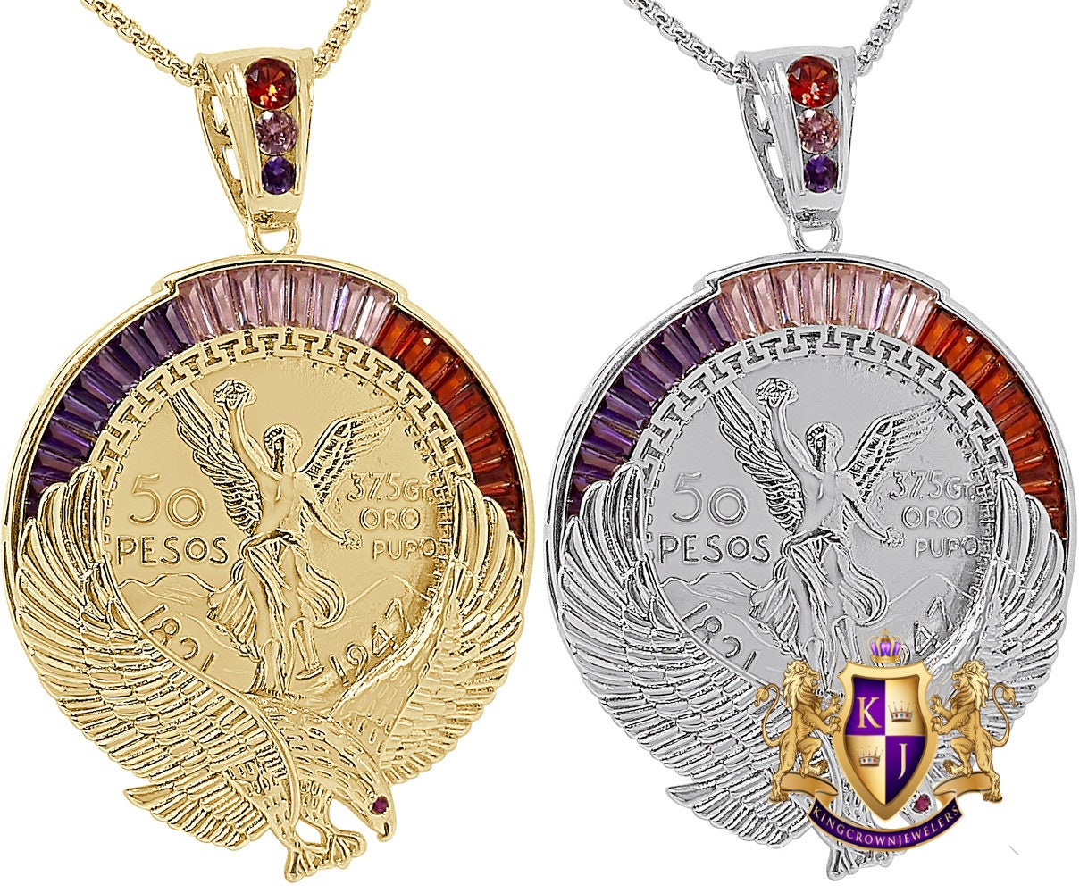 Big 3" Baguette 52+ Grams Double Disc 50 Pesos Mexican Money Moneda Coin Centenario Pendent 14K Gold Over Eagle Charm + Chain