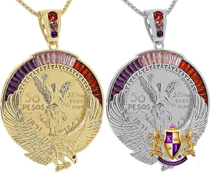 Big 3" Baguette 52+ Grams Double Disc 50 Pesos Mexican Money Moneda Coin Centenario Pendent 14K Gold Over Eagle Charm + Chain
