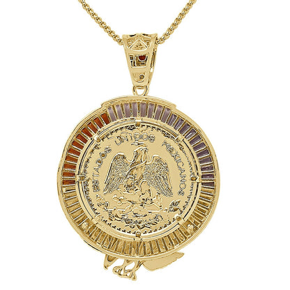 Big 3" Baguette 52+ Grams Double Disc 50 Pesos Mexican Money Moneda Coin Centenario Pendent 14K Gold Over Eagle Charm + Chain