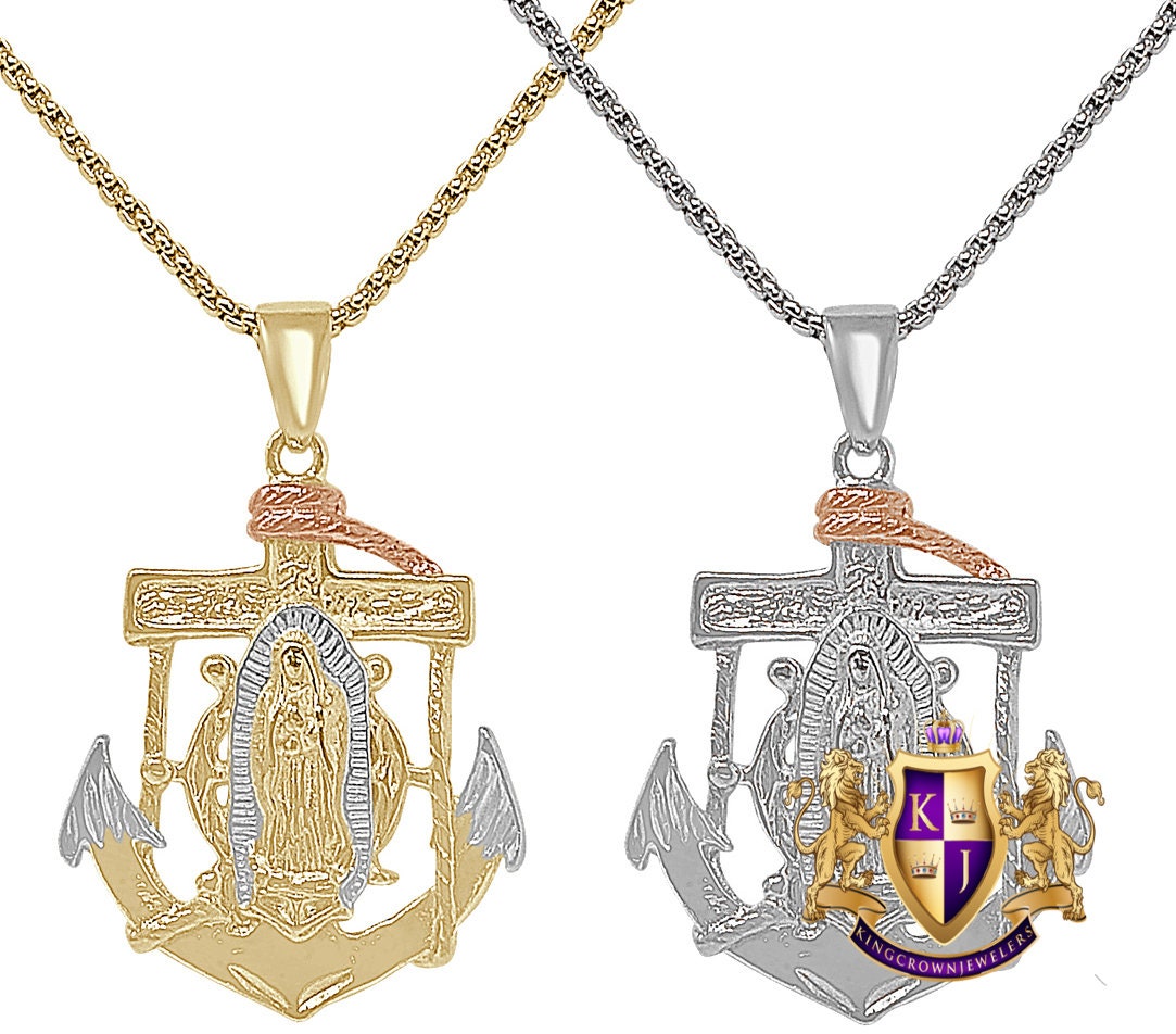 18+ Grams 3 Tone Gold Finish Lady Of Guadalupe Mother Mary Anchor Unisex Charm Religious Pendent Chain Set 2''