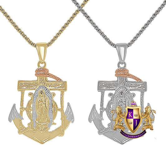 18+ Grams 3 Tone Gold Finish Lady Of Guadalupe Mother Mary Anchor Unisex Charm Religious Pendent Chain Set 2''