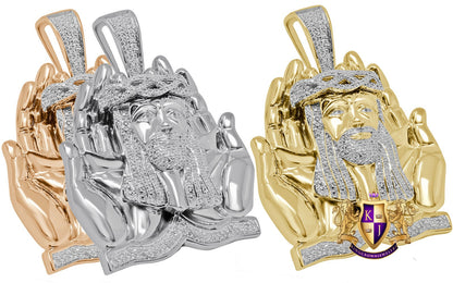 Real Genuine Diamond Praying Hands Jesus Face Piece Custom Pendent 10K Gold Finish Over Charm 32+ Grams