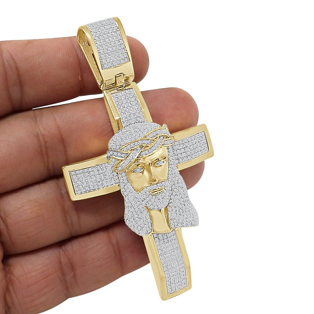 Real Genuine Sterling Silver 32+ Grams Big XL 3.5'' Jesus Face Cross Pendent Exclusive Custom Piece Simulated Diamond Religious Men's Charm