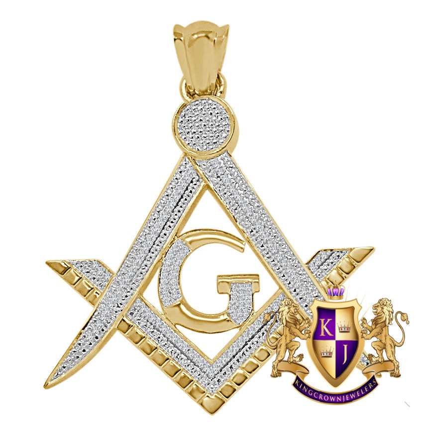 Real Genuine Authentic Diamond 0.60 Cwt 23+ Grams Freemason Masonic G Compass Unisex Pendant 10K Solid Gold Over Freemasonry Charm Big 2.5''