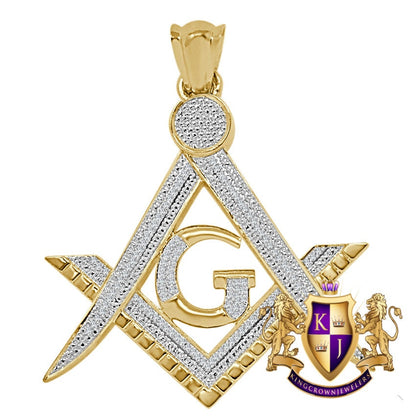 Real Genuine Authentic Diamond 0.60 Cwt 23+ Grams Freemason Masonic G Compass Unisex Pendant 10K Solid Gold Over Freemasonry Charm Big 2.5''