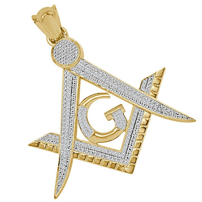 Real Genuine Authentic Diamond 0.60 Cwt 23+ Grams Freemason Masonic G Compass Unisex Pendant 10K Solid Gold Over Freemasonry Charm Big 2.5''